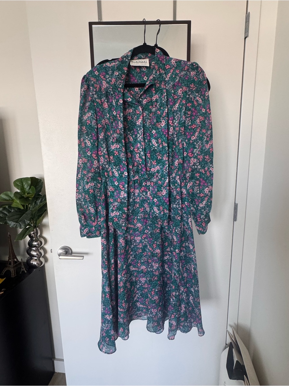 Vintage Diane Von Furstenberg Teal Green Floral Long Sleeve Midi Dress